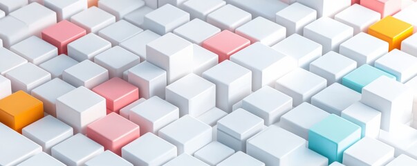 Obraz premium A colorful abstract composition of 3D cubes in white, pink, orange, and blue, creating a vibrant digital landscape.