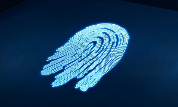 A glowing blue fingerprint design on a dark surface, symbolizing security or identity verification.