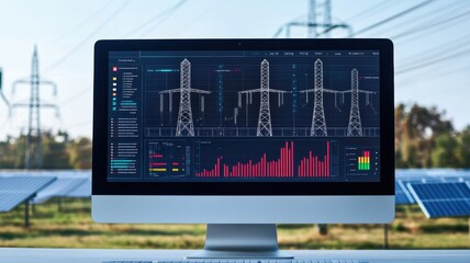A computer display showing energy data analysis with solar panels and power lines in the background.