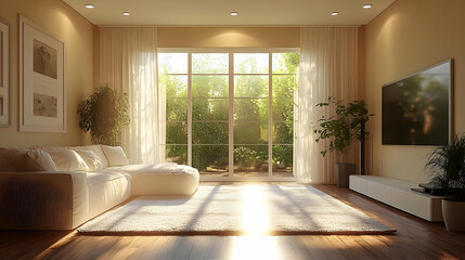 Fototapeta premium Cozy Living Room with Sunlight Streaming Through Windows