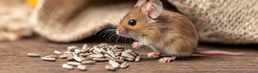 A cute mouse foraging for seeds on a wooden surface, surrounded by natural textures and a burlap sack.