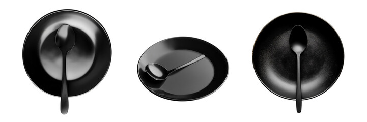 Set of black empty plate with a spoon isolated on a transparent background