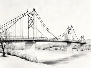 Obraz premium A detailed line drawing of a bridge spanning a serene landscape, showcasing the beauty of architectural design and nature.