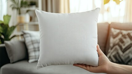 A hand holding a white pillow in front of a couch with throw pillows.