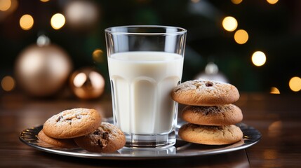 Glass of milk with ginger Christmas cookies with garland bokeh light on background