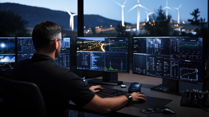 technician monitors data on multiple screens in control room, overseeing wind turbine operations at dusk. scene conveys sense of focus and technological advancement