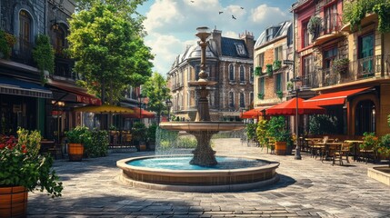 Fototapeta premium A classic European plaza with a fountain and outdoor cafes, 