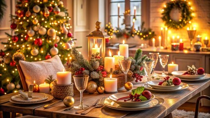 Christmas Table Setting with Holiday Decorations for New Year Celebration in Low Light Photography, Cozy Atmosphere and Festive Decor for Celebrating the Season