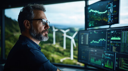wind turbine technician analyzes data on multiple screens, showcasing blend of technology and nature. serene landscape outside highlights importance of renewable energy