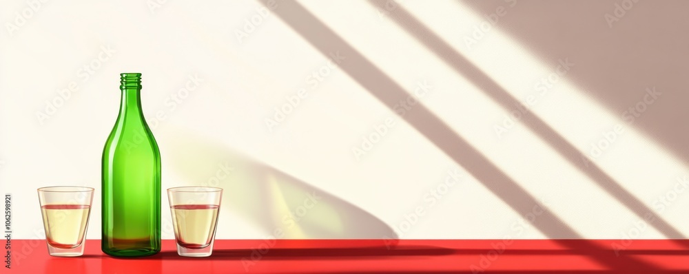 Wall mural a green bottle and two glasses on a red table, illuminated by soft shadows, creating a warm and invi