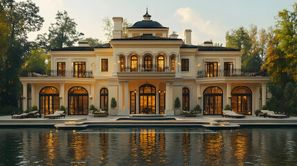 Fototapeta premium Luxury Mansion with Swimming Pool - 3D Illustration