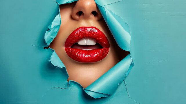 Explore beauty with a young woman peeping through a blue paper hole with stunning makeup and plump red lips.