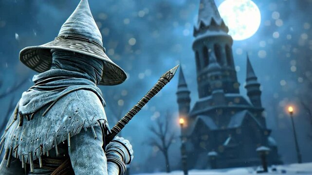 Powerful witch hunter in pointed hat wields ice rapier against moonlit cathedral backdrop in stunning 3D rendering.