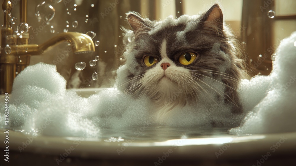 Poster fluffy cat enjoys soapy bath time fun