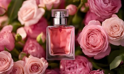 Pink roses and perfume bottle ideal for beauty product promotion romantic event, Generative AI 