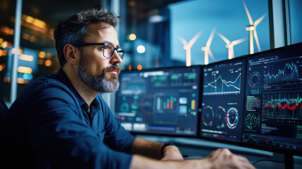 wind turbine technician monitors data on multiple screens, analyzing performance metrics and trends. technicians focused expression reflects importance of renewable energy