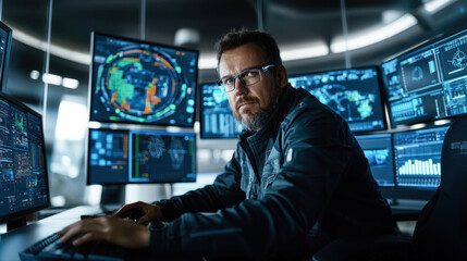 focused technician analyzes data on multiple screens in high tech control room, showcasing advanced technology and professional environment
