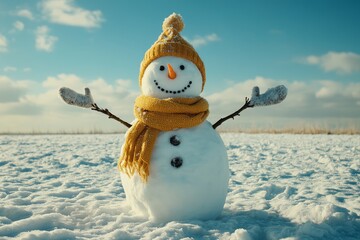 Obraz premium Charming snowman with hat and yellow scarf in snowy field, arms outstretched, capturing the joy of winter festivities.