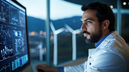 Innovative technician analyzing data on large screen, surrounded by wind turbines. scene captures blend of technology and sustainability, reflecting commitment to renewable energy