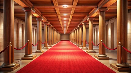 Naklejka premium Wide-angle hallway with red carpet and wooden pillars