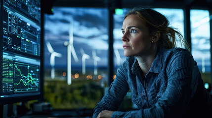 wind turbine technician monitors data on multiple screens, showcasing her focus and dedication to renewable energy. backdrop features wind turbines against twilight sky, emphasizing importance of