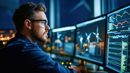 technician monitors data on multiple screens in control room, focusing on wind turbine performance at night. atmosphere is high tech and professional, showcasing importance of renewable energy