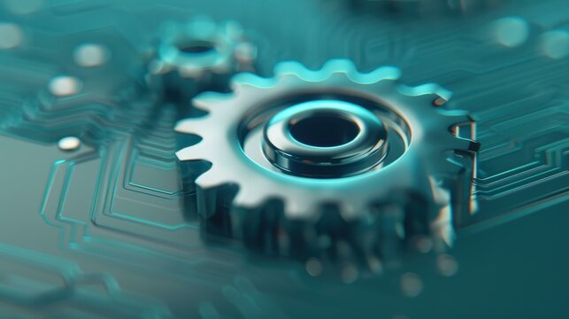 Explore hightech engineering with digital gear wheels on circuit boards, merging innovation and precision in design.