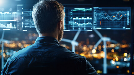 wind turbine technician monitors data on multiple screens, analyzing performance metrics and trends in high tech environment. scene captures blend of technology and renewable energy