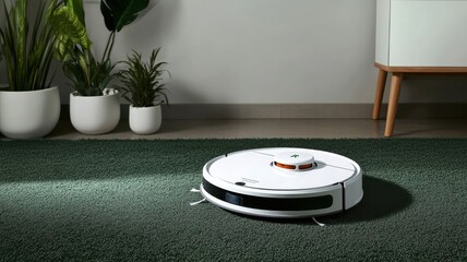 A modern robotic vacuum cleaner moving across a green carpet in a stylish interior space, showcasing home automation technology.