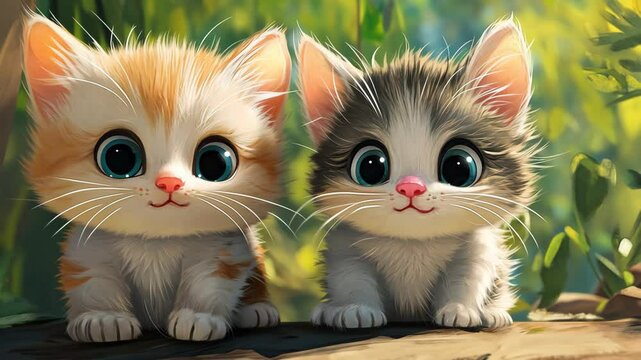 Two cute kittens are sitting on a branch, looking adorable with their big, blue eyes