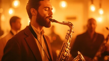 A musician plays saxophone passionately under warm lights, creating an intimate jazz ambiance filled with rhythm and emotion.