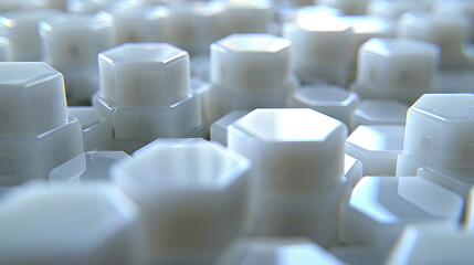 Fototapeta premium A close-up perspective showcases numerous hexagonal white plastic components arranged tightly on a flat surface, demonstrating intricate patterns and textures under soft lighting conditions.
