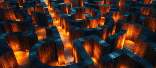Obraz premium ** .Abstract Futuristic Maze with Glowing Pathways and Metallic Walls in a Dark Environment..**