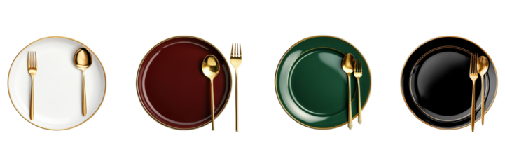 Set of different golden coating empty plate with spoon and fork isolated on a transparent background