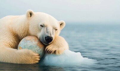 Fototapeta premium A polar bear holding a beautiful globe on an iceberg globe in the ocean Global warming concept