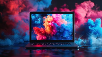 Vibrant Explosion of Colorful Smoke Behind a Modern Laptop on Reflective Surface in Dark Studio Setting