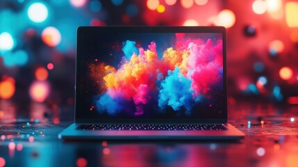 Vibrant Explosion of Colorful Smoke on Laptop Screen in Modern Digital Art Concept with Bokeh Background