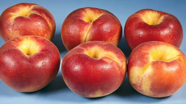 Six ripe donut peaches are arranged in a semi-circle on a blue background
