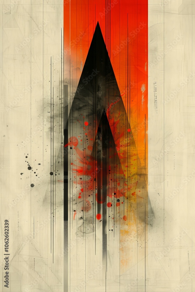 Poster an abstract composition showcases a striking interplay of sharp black shapes against a vivid orange 
