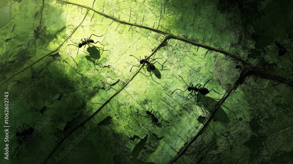 Poster ants exploring the surface of a leaf