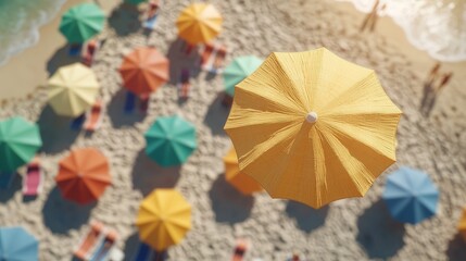 Aerial View of Colorful Beach Umbrellas on Sandy Shore