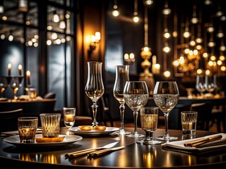Dark Concept Photography of Luxury Restaurant Glasses on Table with Dim Atmosphere, Elegant Dining, Fine Dining Experience, Candid Shot, Intimate Setting, Stylish Decor