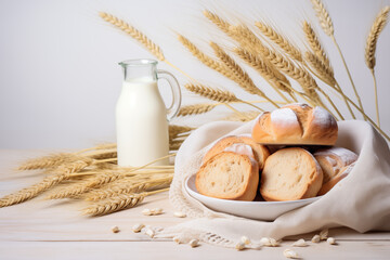 Jar of milk with bread and ears of wheat. AI generation.