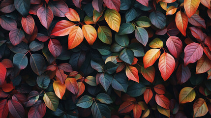 Colorful autumn leaves densely cover a garden wall, showcasing vibrant hues and rich textures