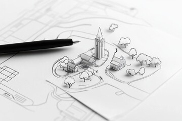 Architectural Isometric Drawing of a Building with a Pen on Top - Mapping Concept - Architecture Industrie