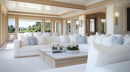 Fototapeta premium A plush, inviting living room featuring a large, comfortable sofa adorned with soft throw pillows, surrounded by an elegant coffee table and tasteful decor. The warm lighting creates a welcoming