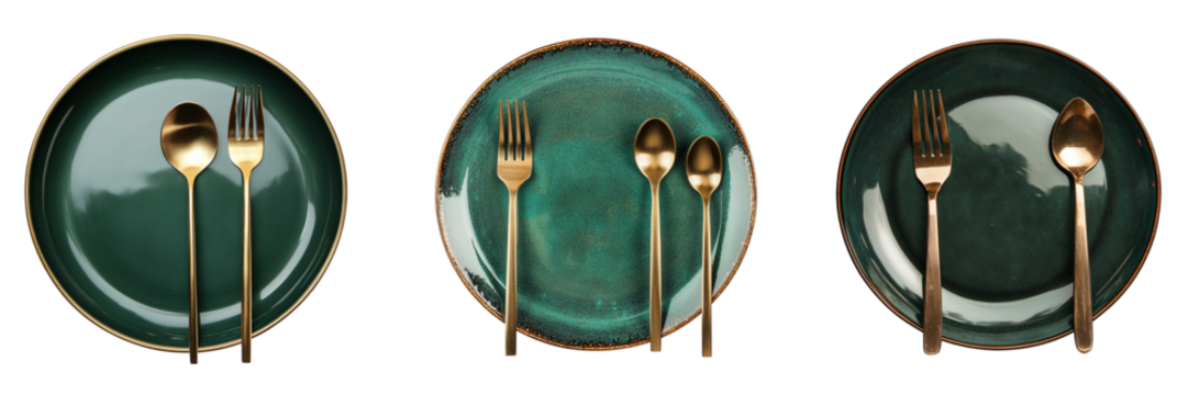 Set of green golden coating empty plate with spoon and fork isolated on a transparent background