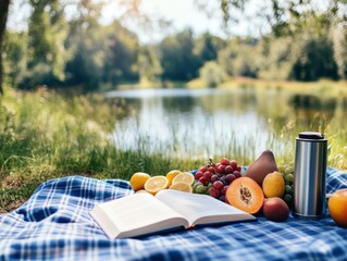 A serene picnic scene by a lake featuring fresh fruit, an open book, and a thermos, perfect for...