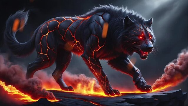 The wolf monster is burning on fire. Seamless 4K looping timelapse video animation background