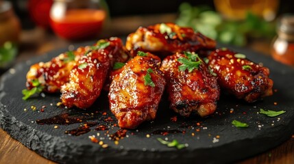 Flavorful chicken wings on a slate board, garnished with parsley and pepper flakes.